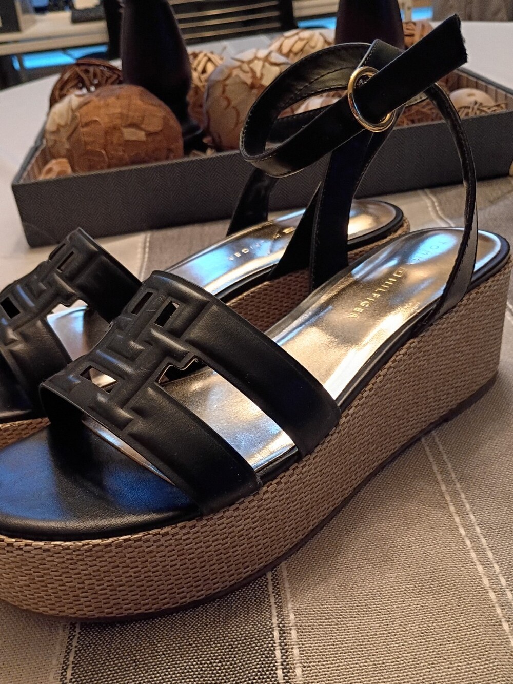 Tommy Hilfiger Black Leather Platform Wedge Sandals with Ankle Strap